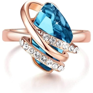 Leafael Wish Stone Adjustable Open Ring with Birthstone Crystals, 18K Rose Gold Plated or Silvertone, Size 6.5-8(112-December Birthstone-Zircon Blue)