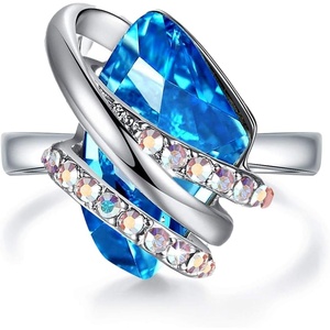 Leafael Wish Stone Adjustable Open Ring with Birthstone Crystals, 18K Rose Gold Plated or Silvertone, Size 6.5-8(203-March December Birthstone-Aquamarine Blue)