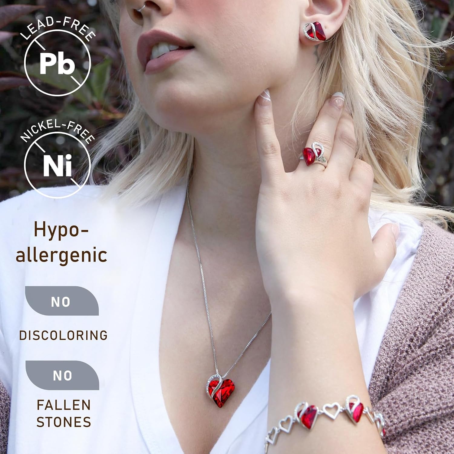 image:imageLeafael Necklace Gift Set for Women Infinity Love Birthstone Heart Pendant with Matching Earrings and Bracelet for Mom and Wife Silver Plated01SetJanuary JulySiam Ruby Red