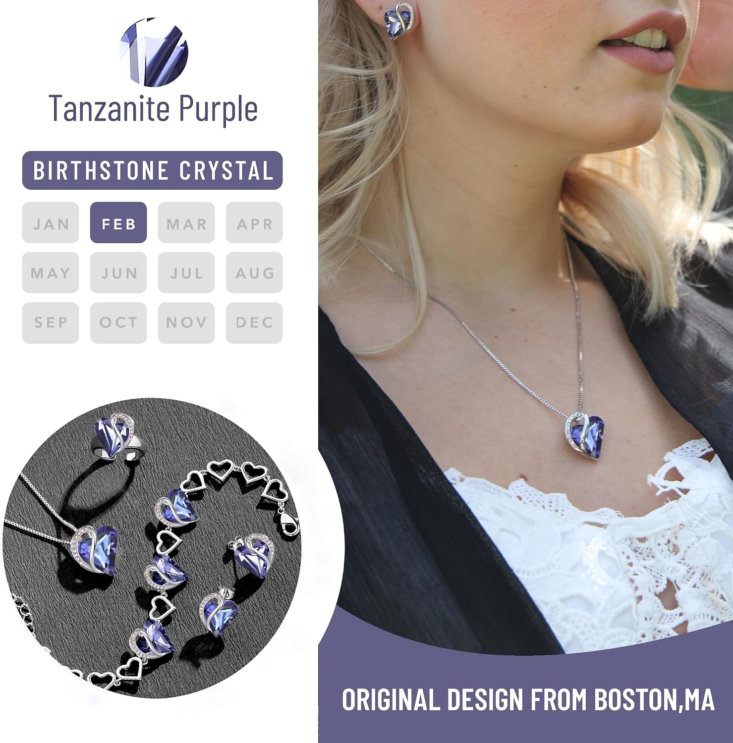 image:imageLeafael Necklace Gift Set for Women Infinity Love Birthstone Heart Pendant with Matching Earrings and Bracelet for Mom and Wife Silver Plated02bSetFebruaryTanzanite Purple
