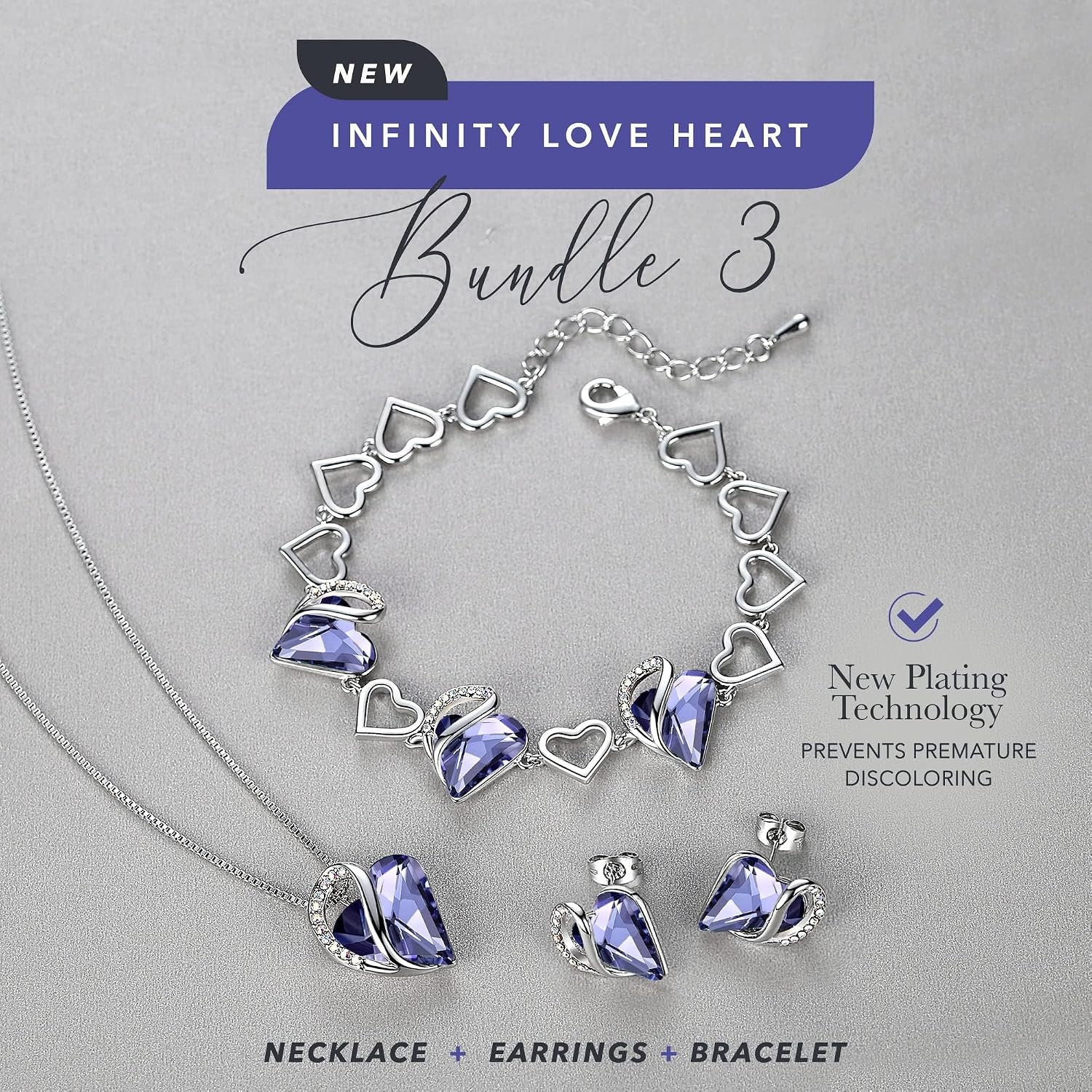 image:imageLeafael Necklace Gift Set for Women Infinity Love Birthstone Heart Pendant with Matching Earrings and Bracelet for Mom and Wife Silver Plated02bSetFebruaryTanzanite Purple