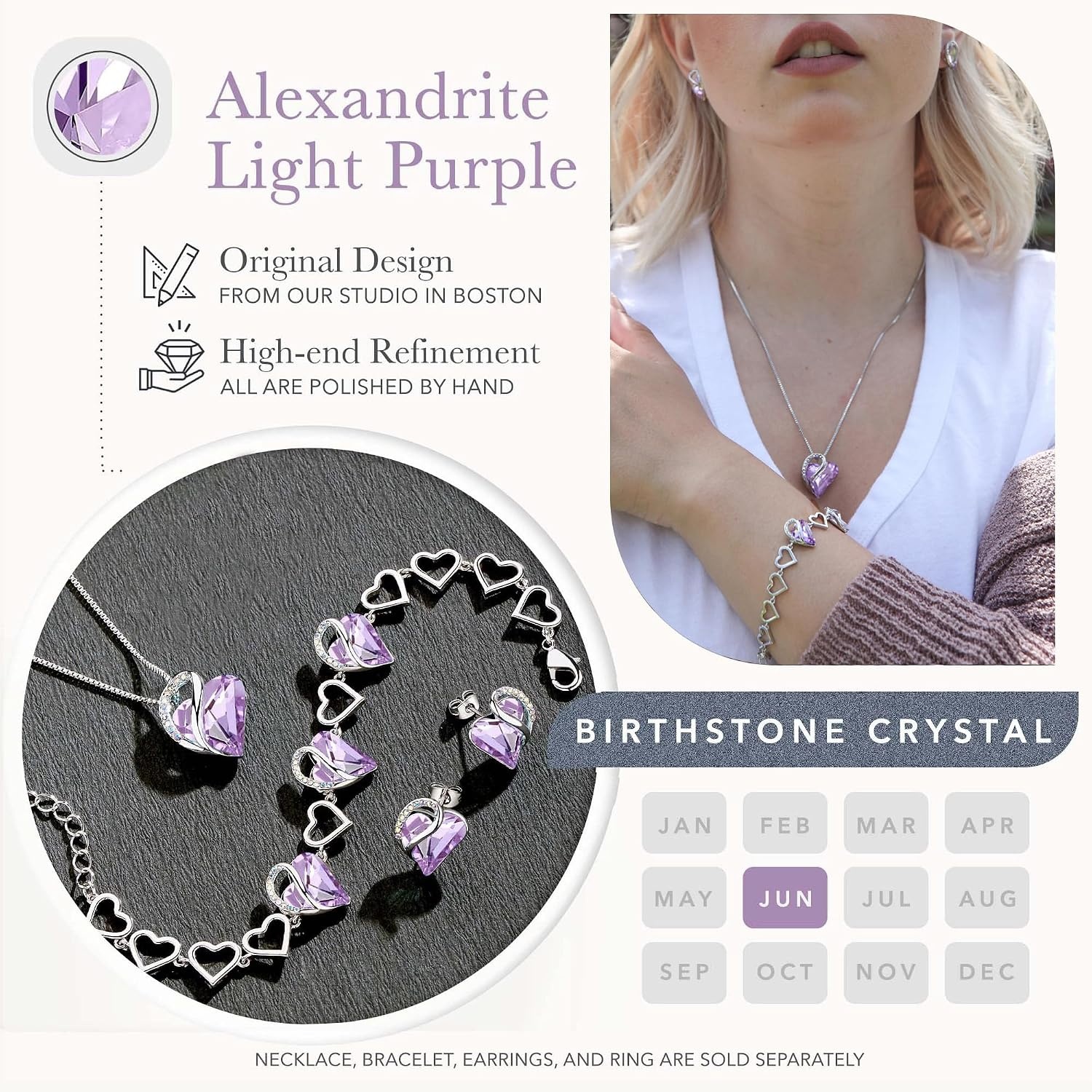 image:imageLeafael Necklace Gift Set for Women Infinity Love Birthstone Heart Pendant with Matching Earrings and Bracelet for Mom and Wife Silver Plated06SetJuneLight Purple