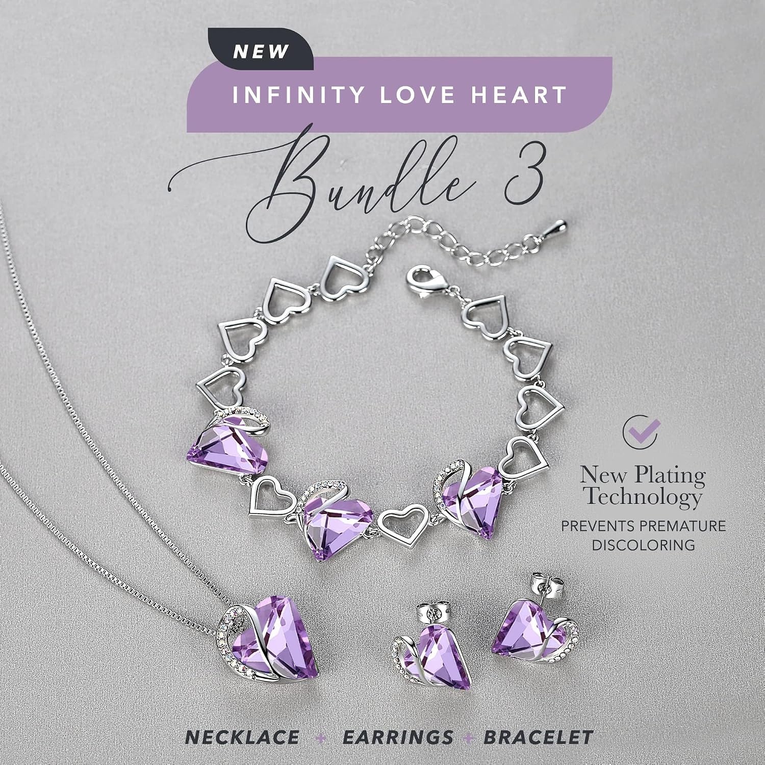 image:imageLeafael Necklace Gift Set for Women Infinity Love Birthstone Heart Pendant with Matching Earrings and Bracelet for Mom and Wife Silver Plated06SetJuneLight Purple