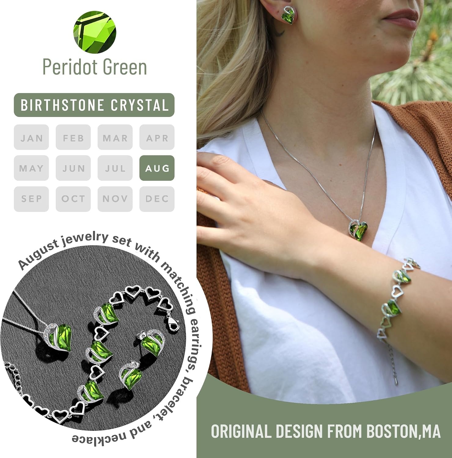 image:imageLeafael Necklace Gift Set for Women Infinity Love Birthstone Heart Pendant with Matching Earrings and Bracelet for Mom and Wife Silver Plated08SetAugustPeridot Green