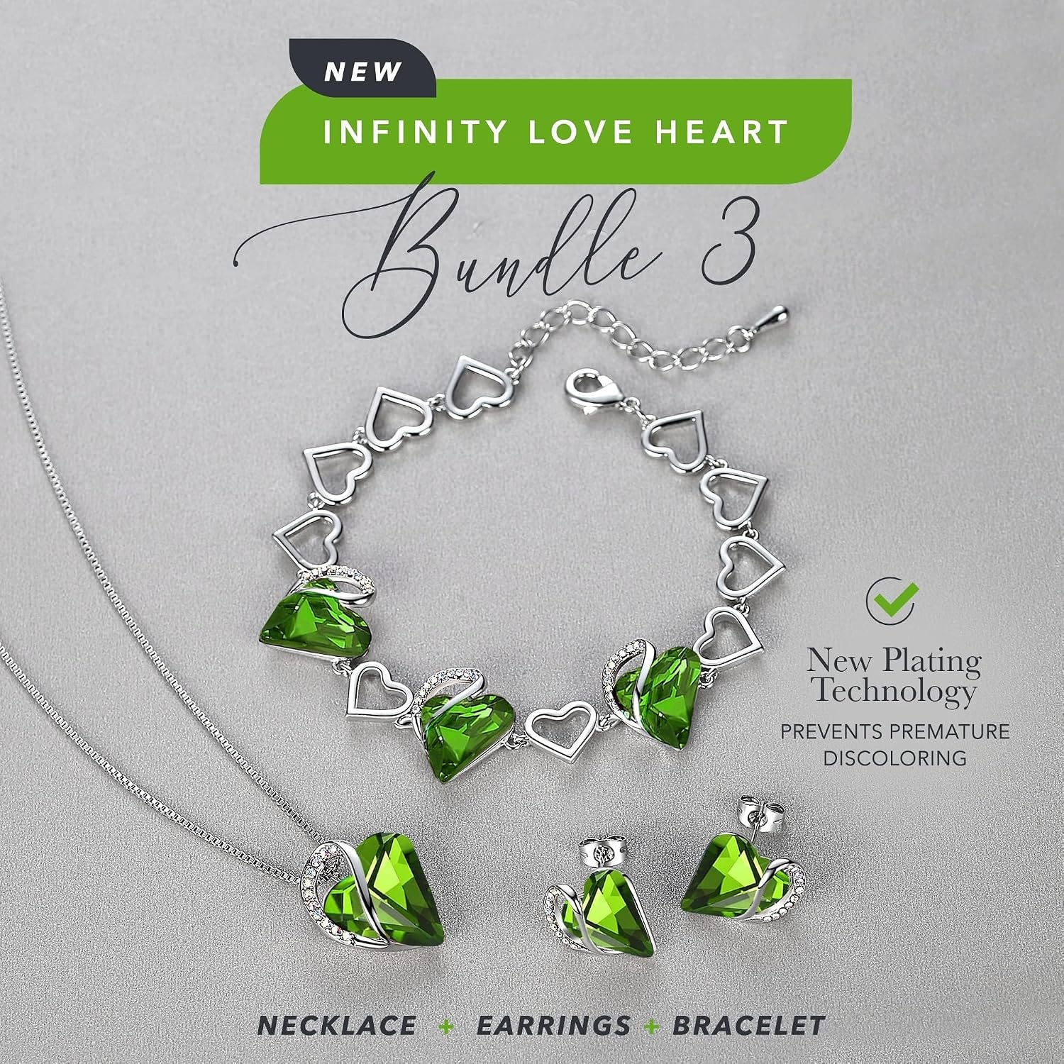 image:imageLeafael Necklace Gift Set for Women Infinity Love Birthstone Heart Pendant with Matching Earrings and Bracelet for Mom and Wife Silver Plated08SetAugustPeridot Green
