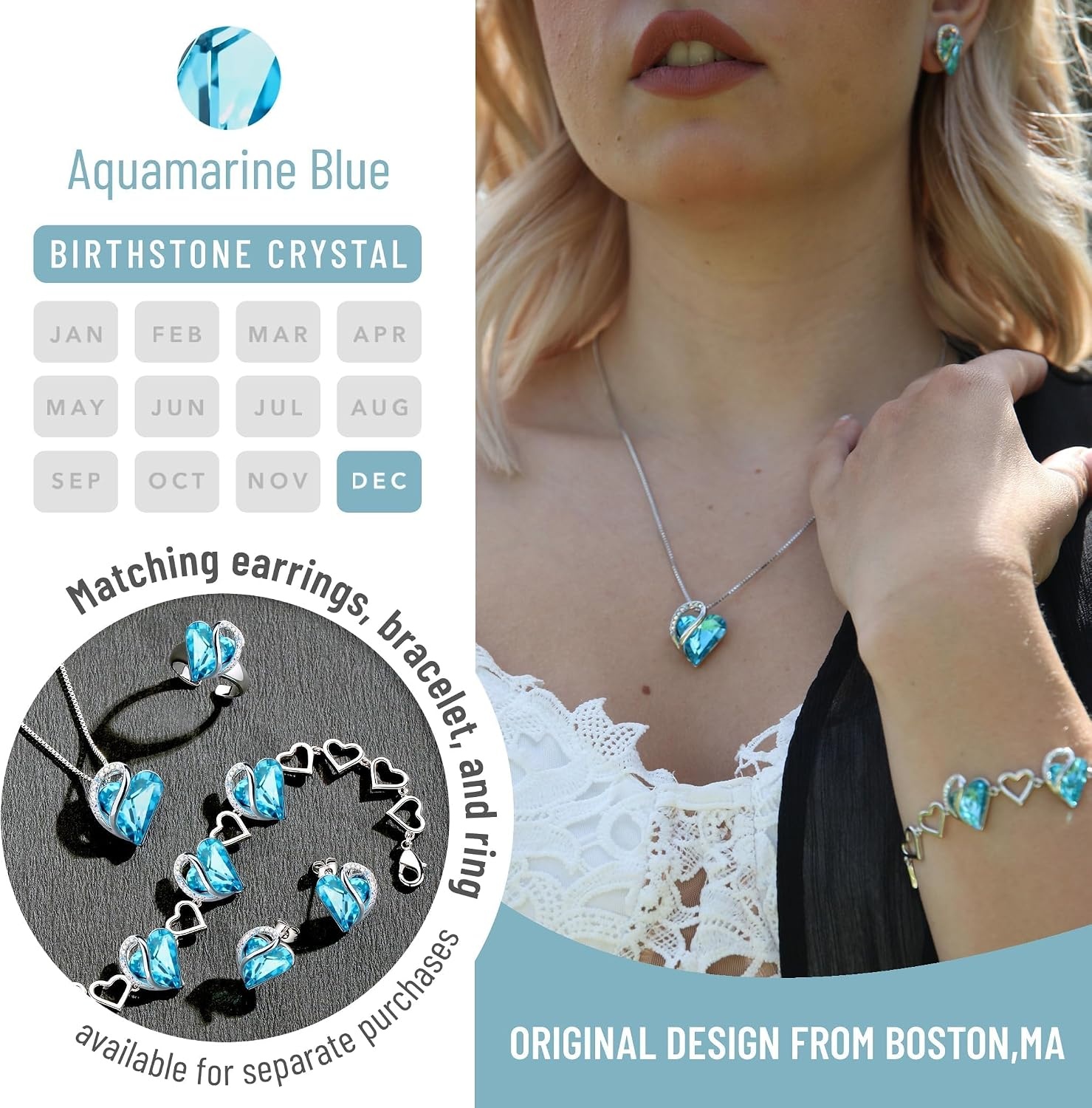image:imageLeafael Necklace Gift Set for Women Infinity Love Birthstone Heart Pendant with Matching Earrings and Bracelet for Mom and Wife Silver Plated12SetDecemberAquamarine Blue