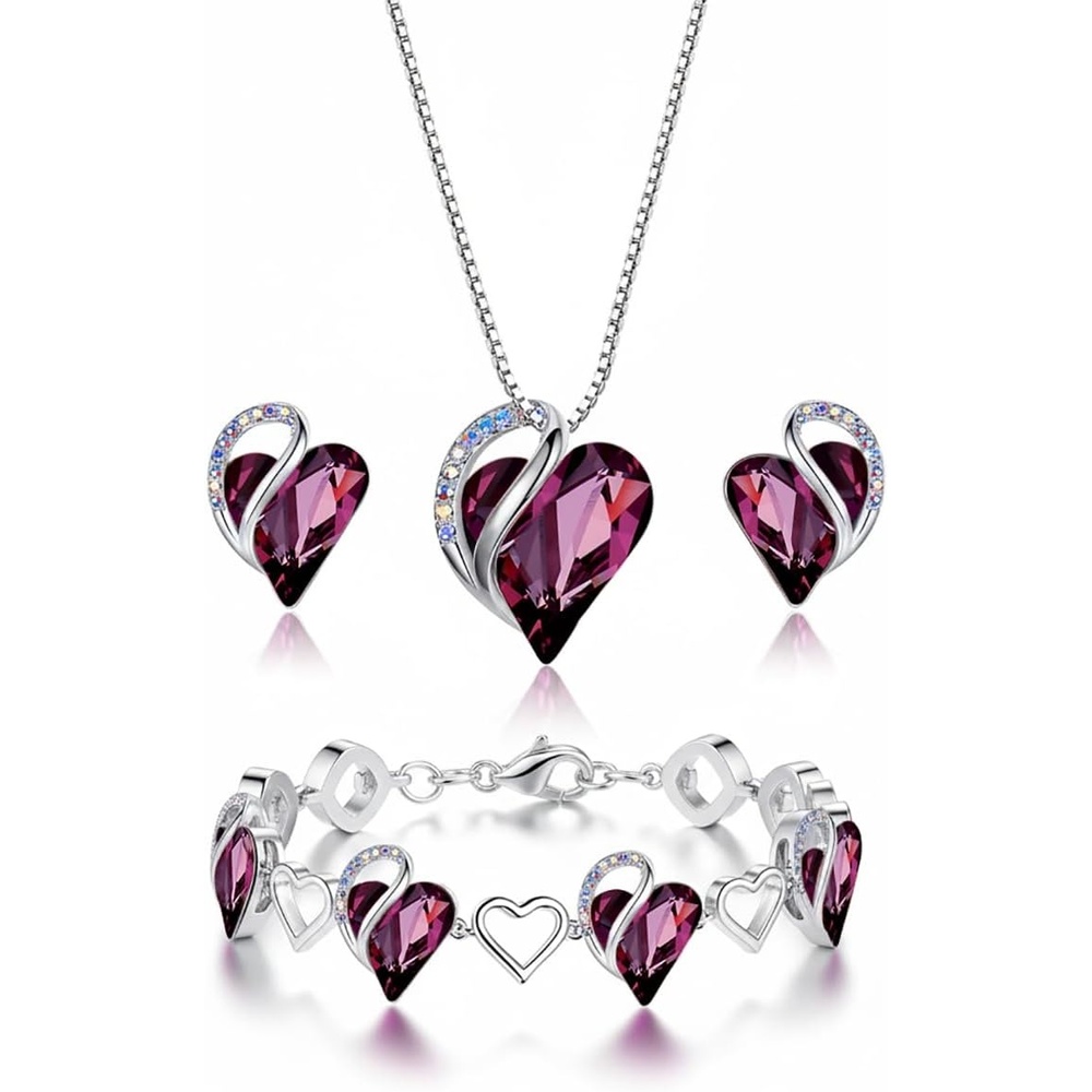 image:imageLeafael Necklace Gift Set for Women Infinity Love Birthstone Heart Pendant with Matching Earrings and Bracelet for Mom and Wife Silver Plated02aSetFebruaryAmethyst Pink