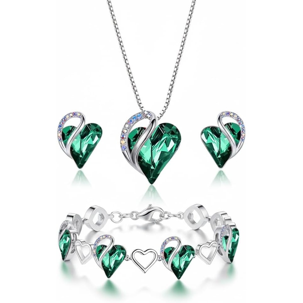 image:imageLeafael Necklace Gift Set for Women Infinity Love Birthstone Heart Pendant with Matching Earrings and Bracelet for Mom and Wife Silver Plated05SetMayEmerald Green
