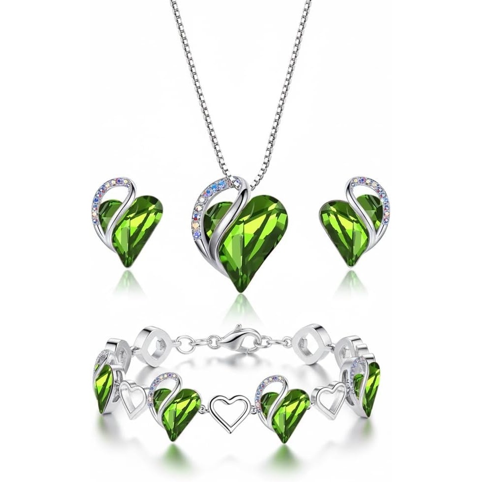 image:imageLeafael Necklace Gift Set for Women Infinity Love Birthstone Heart Pendant with Matching Earrings and Bracelet for Mom and Wife Silver Plated08SetAugustPeridot Green