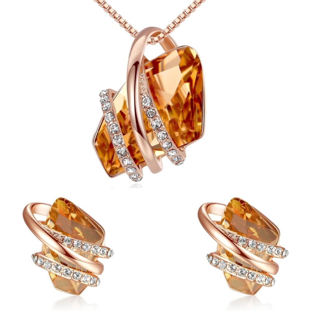 image:imageLeafael Wish Stone Necklace Stud Earrings Jewelry Set for Women November Birthstone Amber Brown Crystal Jewelry Silver Tone Gifts for Women