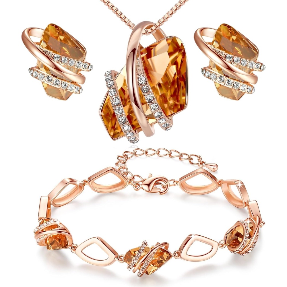 image:imageLeafael Wish Stone Necklace Stud Earrings and Bracelet Jewelry Set for Women November Birthstone Amber Brown Crystal Jewelry Silver Tone Gifts for Women